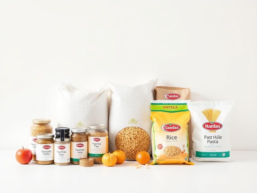 Alimentos envasados al por mayor ordenados sobre fondo claro
