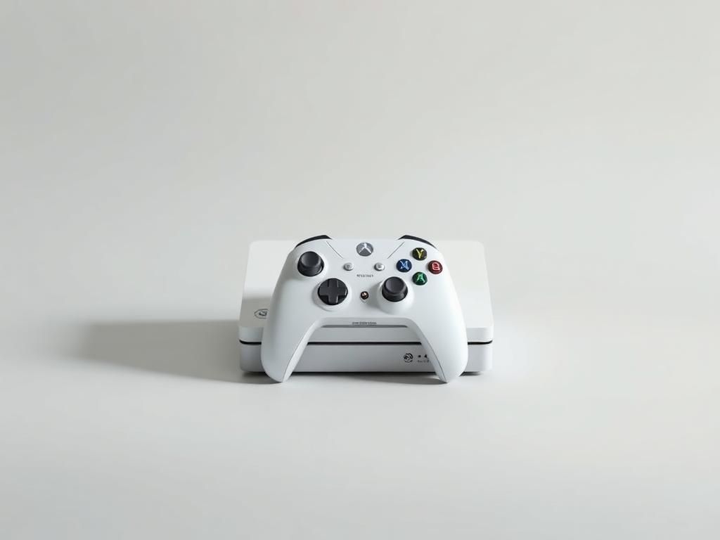 Consola de videojuegos blanca con control sobre fondo claro